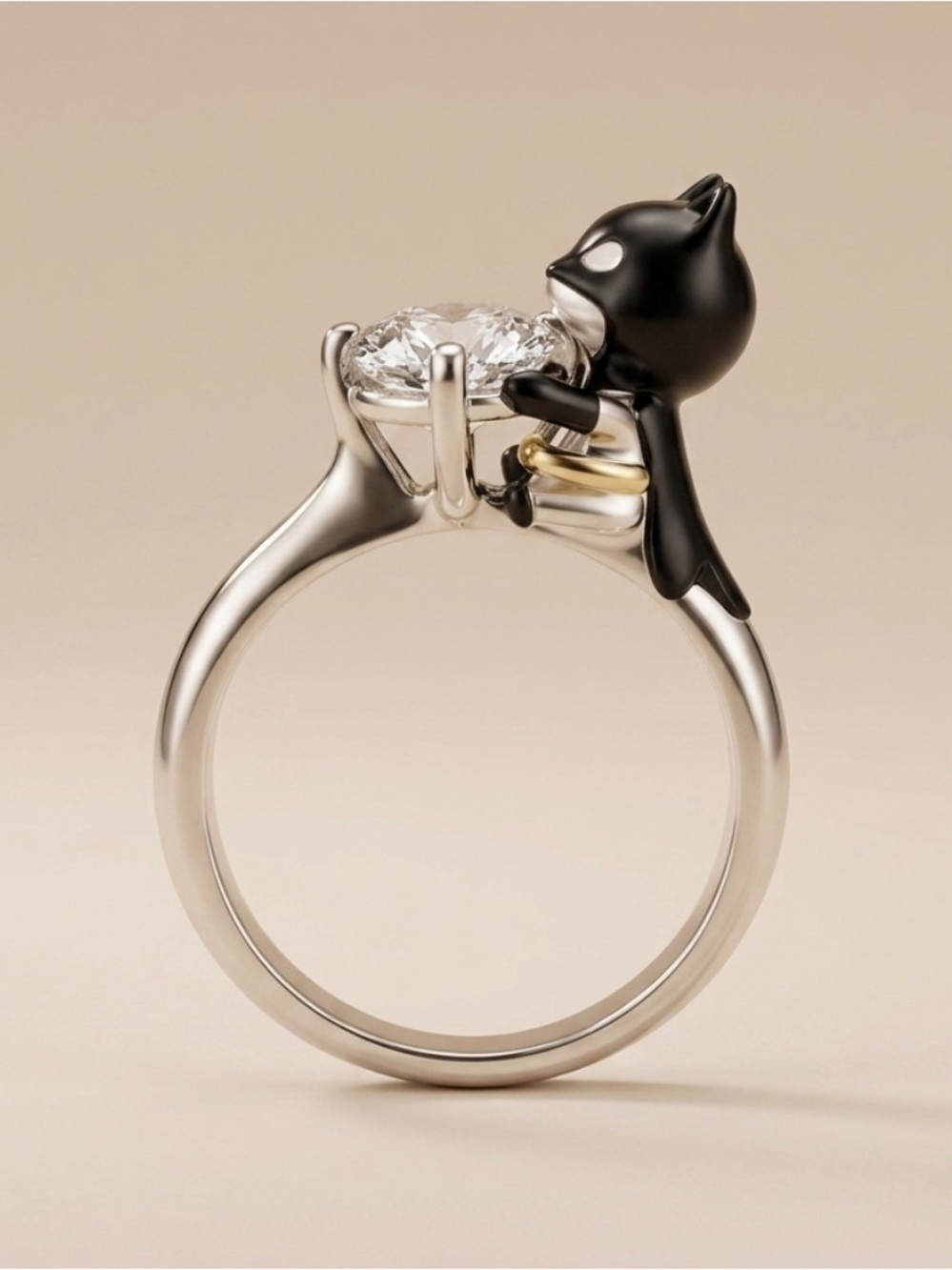 Cat Claw Solitaire Ring in Silver with Black Enamel Accent